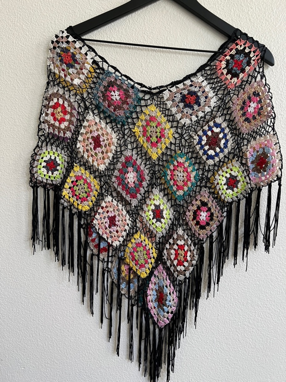 Handmade Crotchet Poncho Shawl Granny Square Fringe Multicolor/Black Beaded OS - Picture 3 of 12